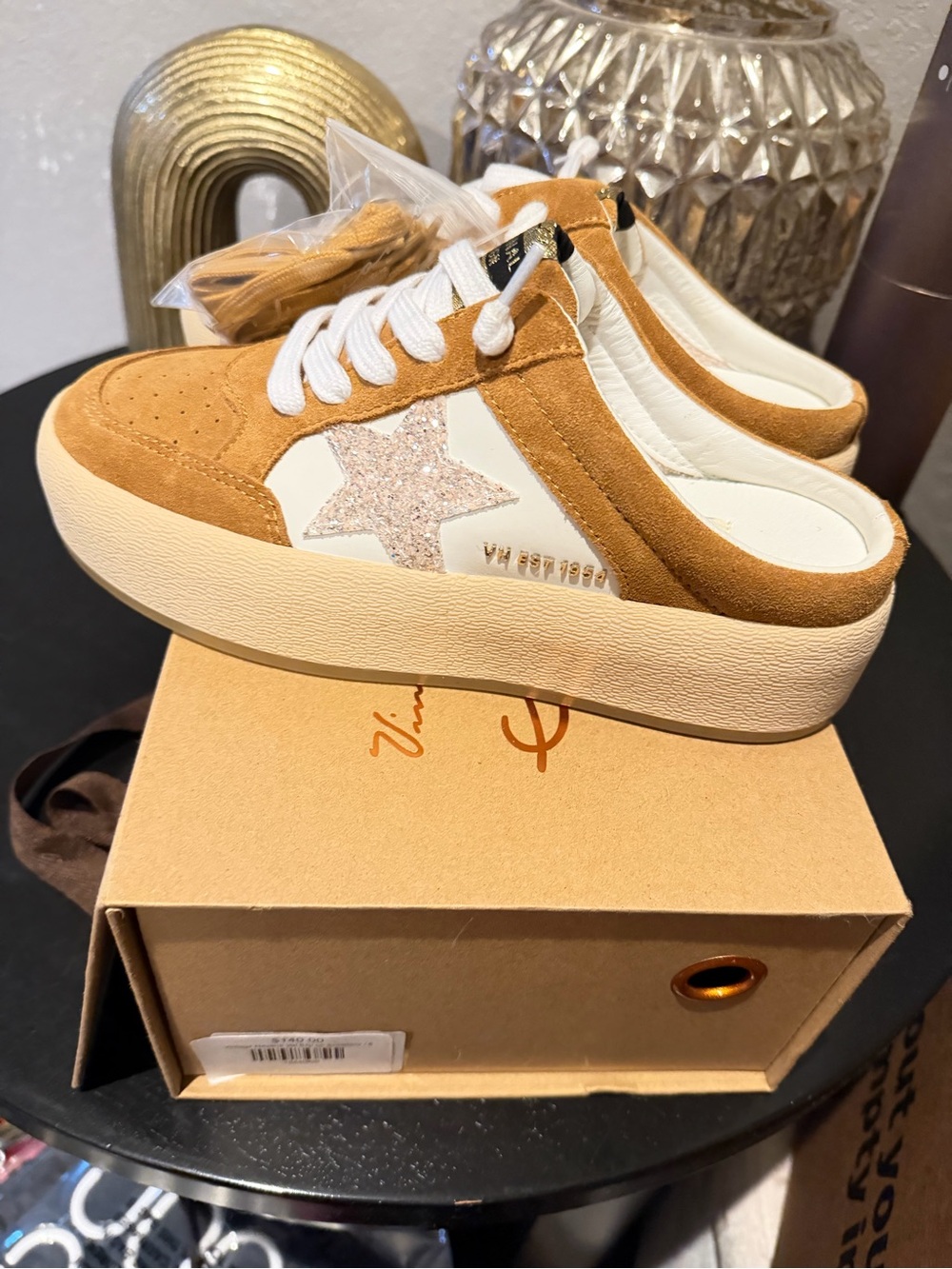 Womenโs Suede Platform Sneaker Mule in Camel with Star Detail